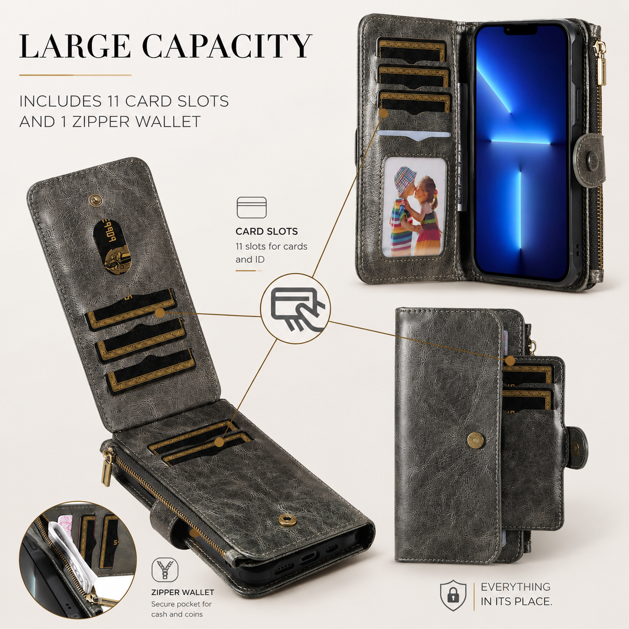 Premium iPhone Case Wallet Cover Card Holder PU Leather Zipper Closure Shockproof Protective Case Anti Fingerprint Non Slip Detachable Design