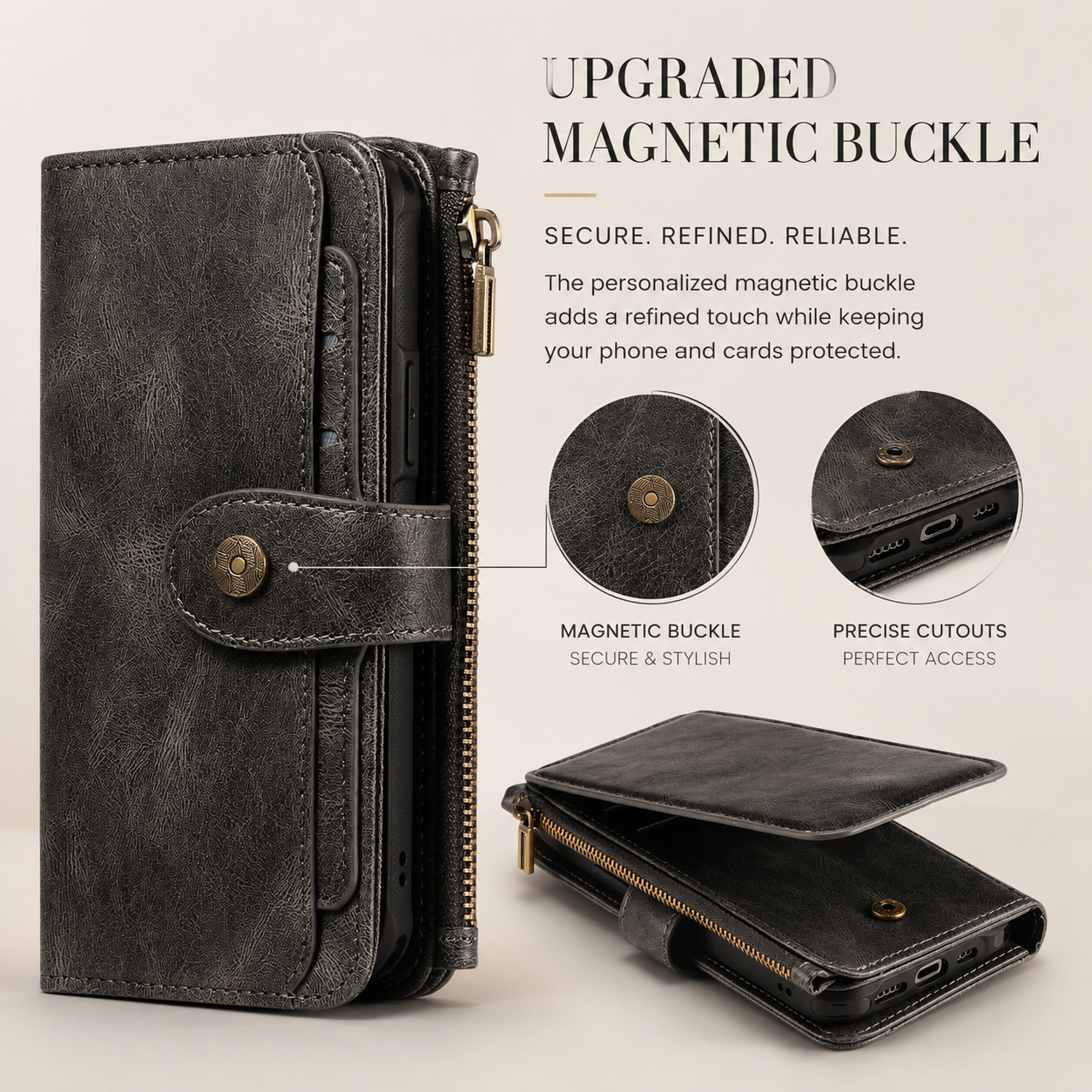 Premium iPhone Case Wallet Cover Card Holder PU Leather Zipper Closure Shockproof Protective Case Anti Fingerprint Non Slip Detachable Design