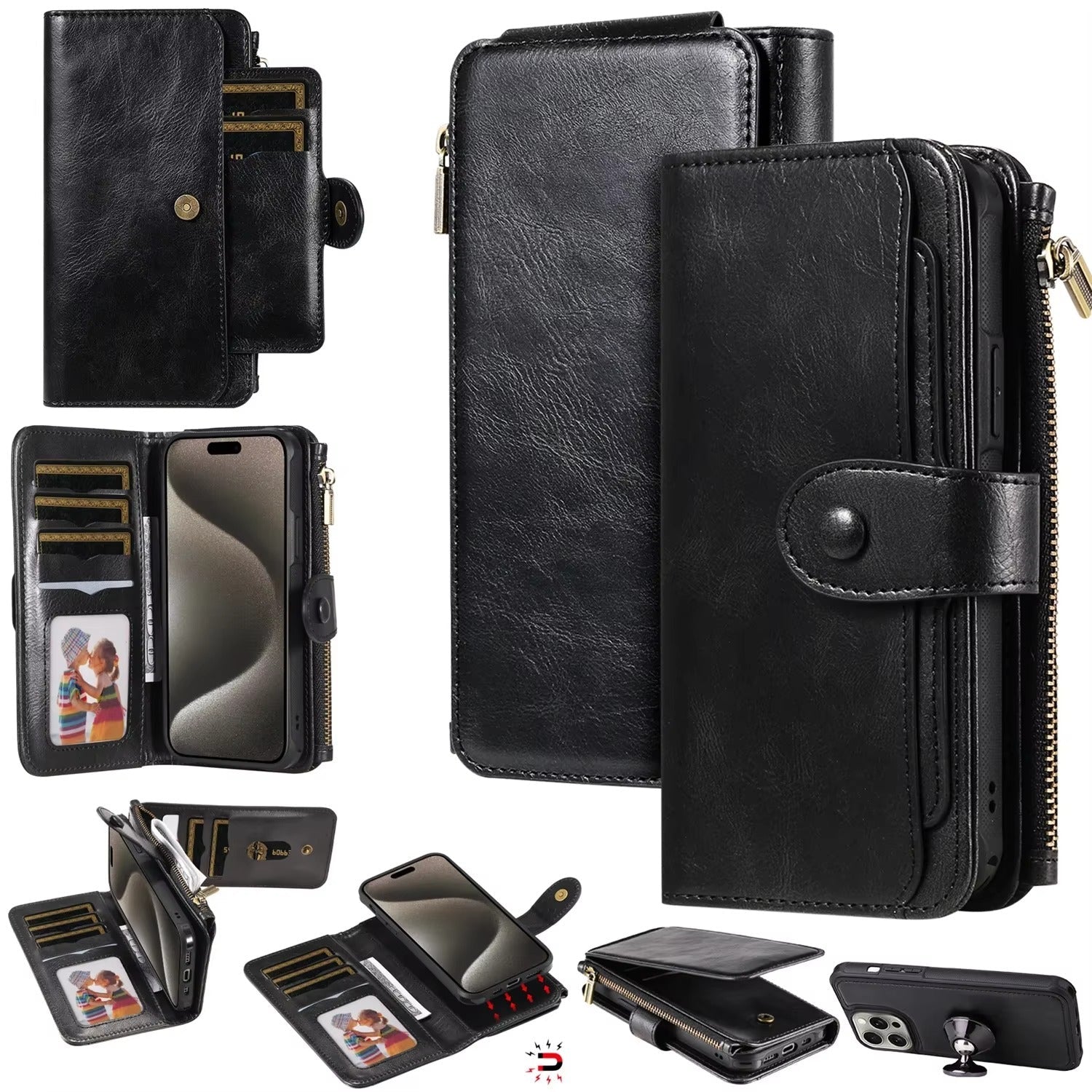 Premium iPhone Case Wallet Cover Card Holder PU Leather Zipper Closure Shockproof Protective Case Anti Fingerprint Non Slip Detachable Design