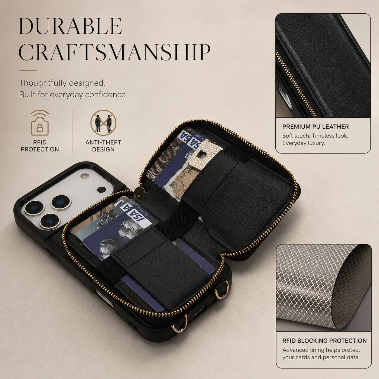 Premium iPhone Case Wallet Cover Card Holder RFID Protection Crossbody Strap Flip Protective Cover Shockproof Leather Design