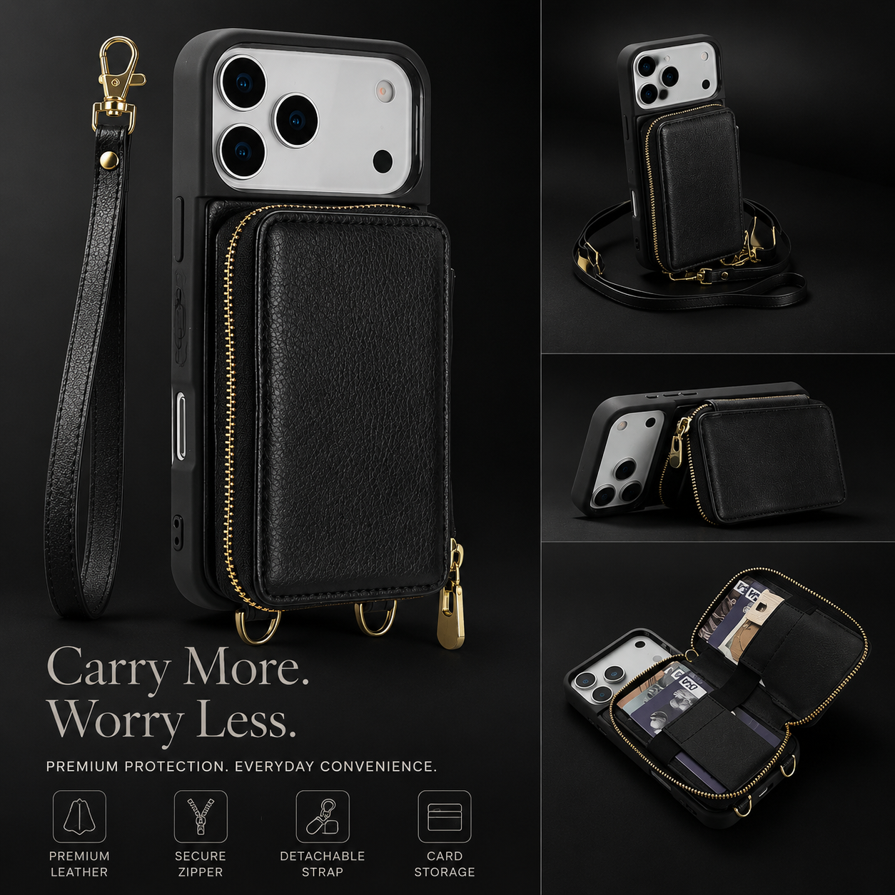 Premium iPhone Case Wallet Cover Card Holder RFID Protection Crossbody Strap Flip Protective Cover Shockproof Leather Design