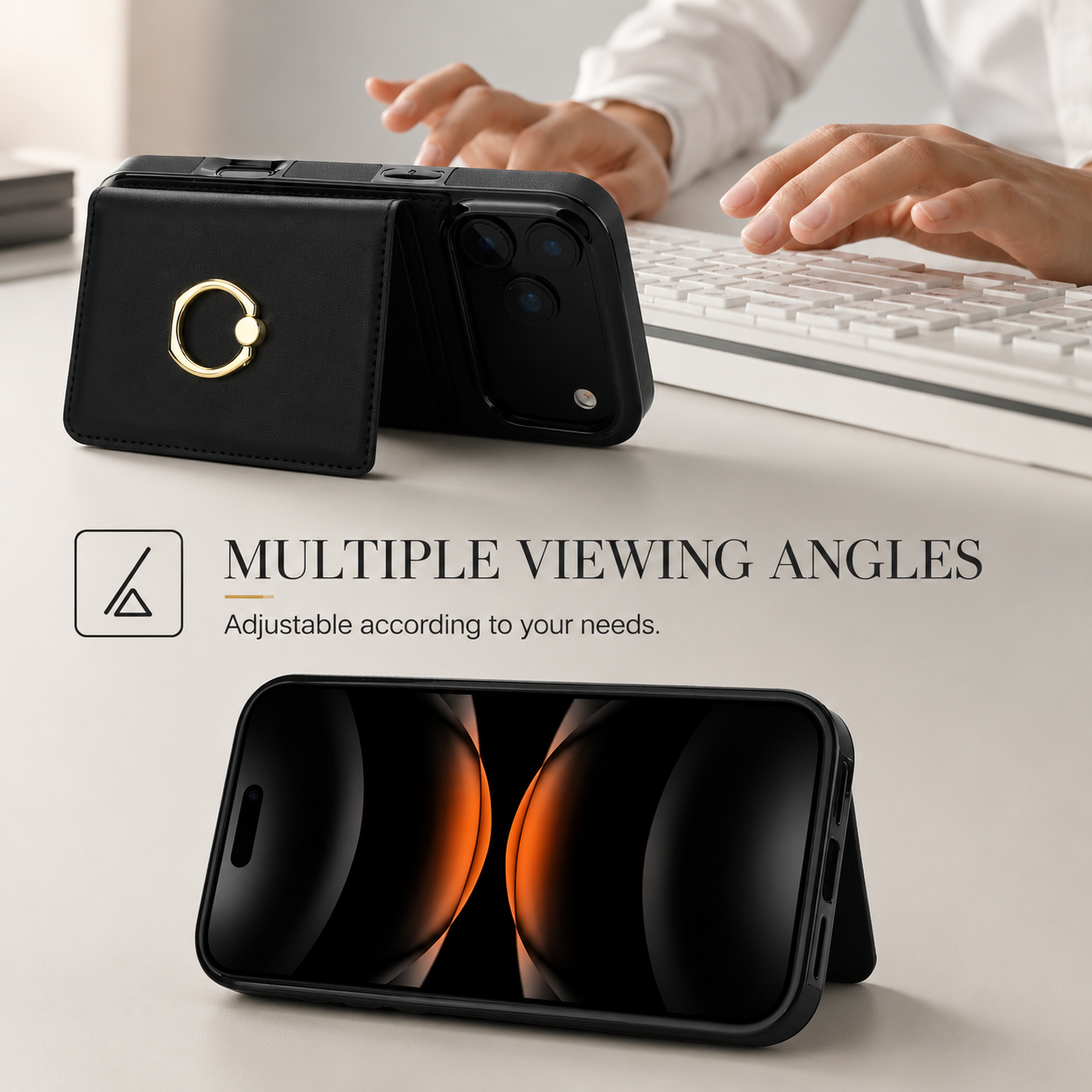 Premium iPhone Case Wallet Cover Card Holder Shockproof PU Leather Case 360 Degree Rotating Ring Kickstand Magnetic Clasp Full Coverage Protective Design