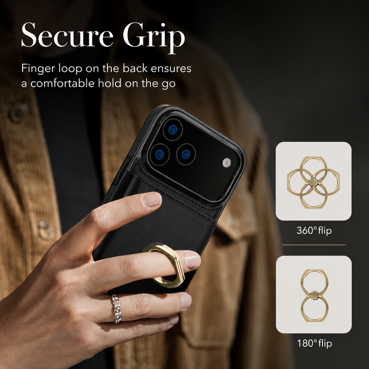 Premium iPhone Case Wallet Cover Card Holder Shockproof PU Leather Case 360 Degree Rotating Ring Kickstand Magnetic Clasp Full Coverage Protective Design