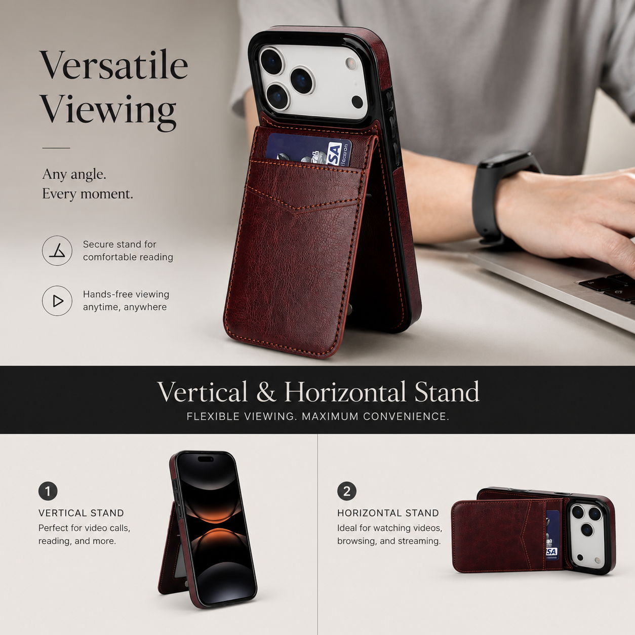 Premium iPhone Case Wallet Cover Card Holder Shockproof Protective Cover Flip Stand Retro Leather Anti Fingerprint Design