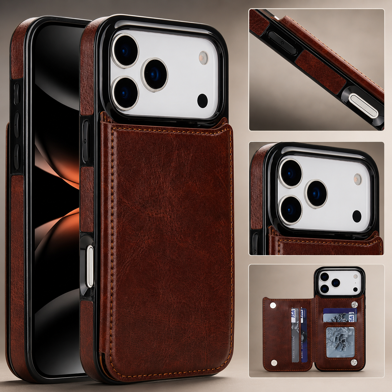 Premium iPhone Case Wallet Cover Card Holder Shockproof Protective Cover Kickstand Magnetic Closure Faux Leather Design