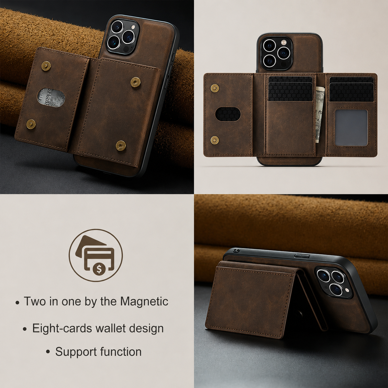 Premium iPhone Case Wallet Cover Card Holder Shockproof Protective Cover Magnetic Closure Kickstand Leather Design