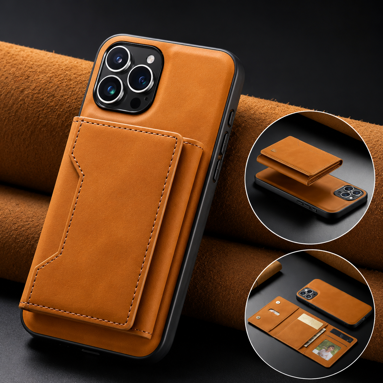 Premium iPhone Case Wallet Cover Card Holder Shockproof Protective Cover Magnetic Closure Kickstand Leather Design