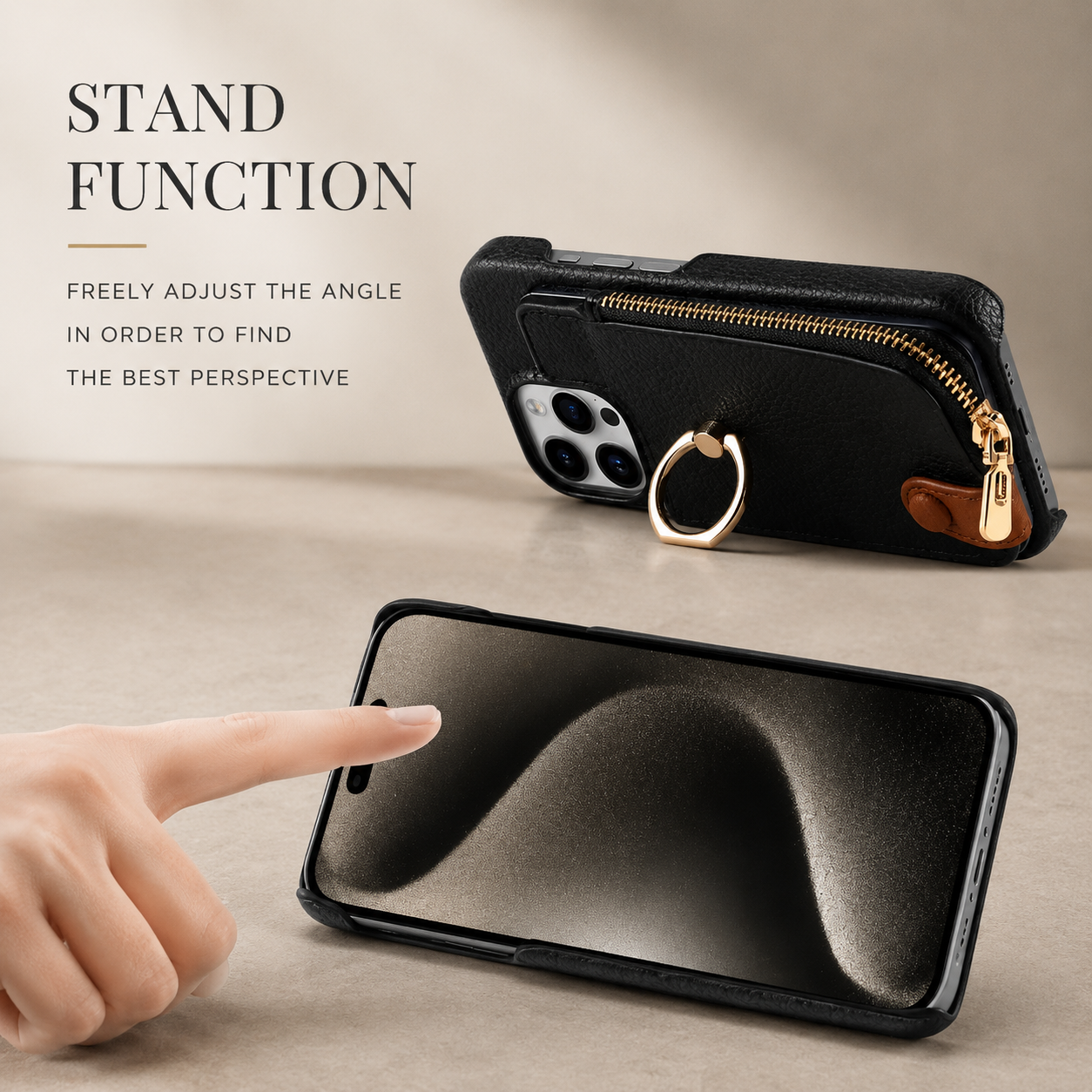 Premium iPhone Case Wallet Cover Card Holder Shockproof Protective Cover Ring Kickstand Magnetic Closure Zipper Storage Design