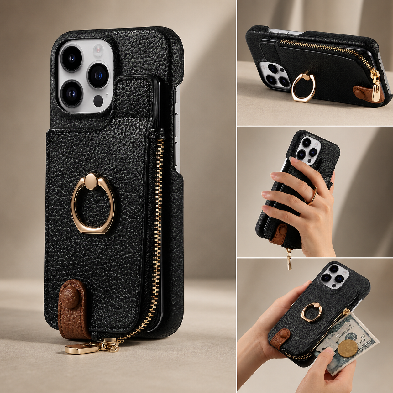 Premium iPhone Case Wallet Cover Card Holder Shockproof Protective Cover Ring Kickstand Magnetic Closure Zipper Storage Design