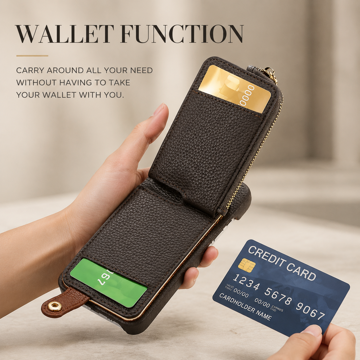 Premium iPhone Case Wallet Cover Card Holder Shockproof Protective Cover Ring Kickstand Magnetic Closure Zipper Storage Design