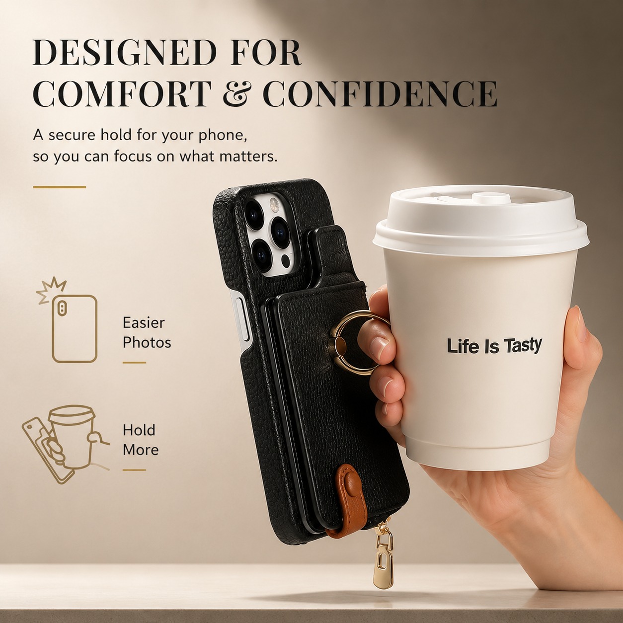 Premium iPhone Case Wallet Cover Card Holder Shockproof Protective Cover Ring Kickstand Magnetic Closure Zipper Storage Design