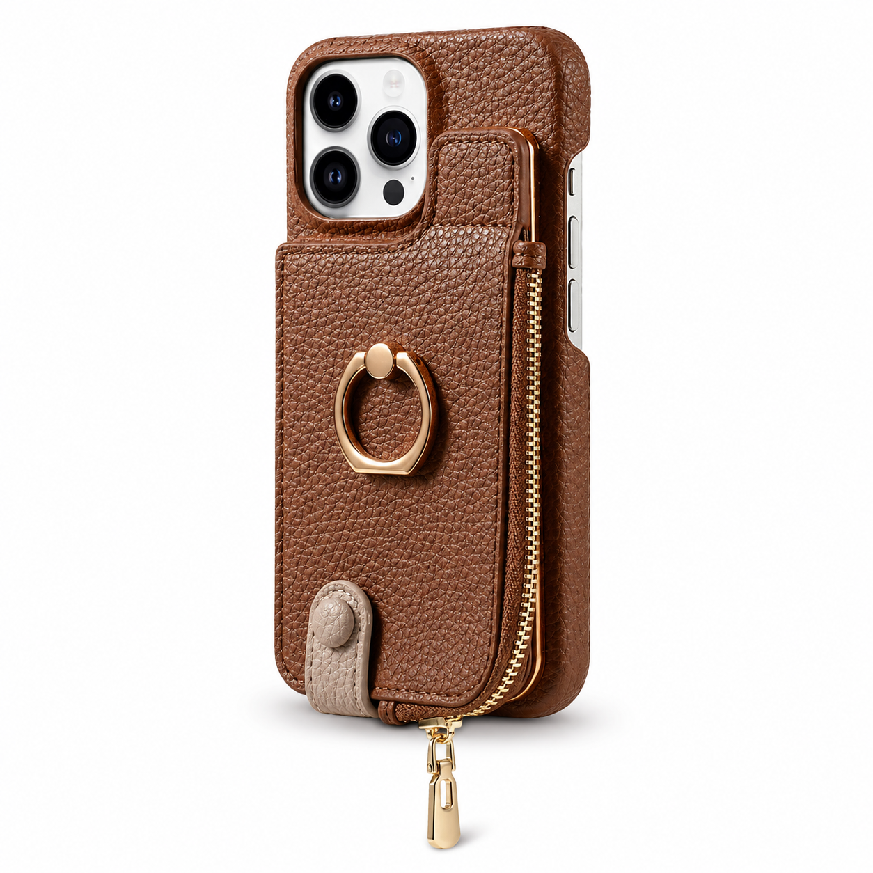 Premium iPhone Case Wallet Cover Card Holder Shockproof Protective Cover Ring Kickstand Magnetic Closure Zipper Storage Design