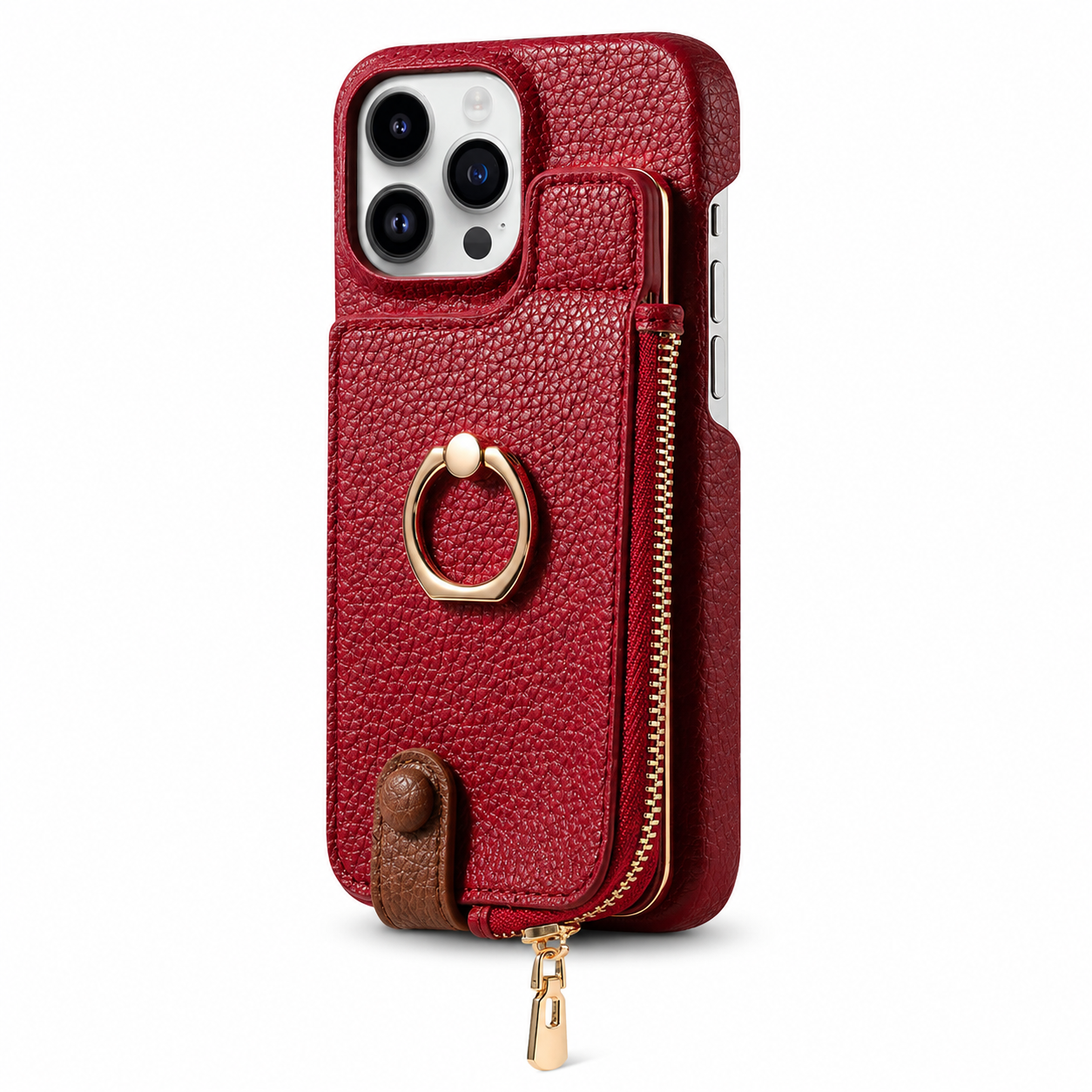 Premium iPhone Case Wallet Cover Card Holder Shockproof Protective Cover Ring Kickstand Magnetic Closure Zipper Storage Design
