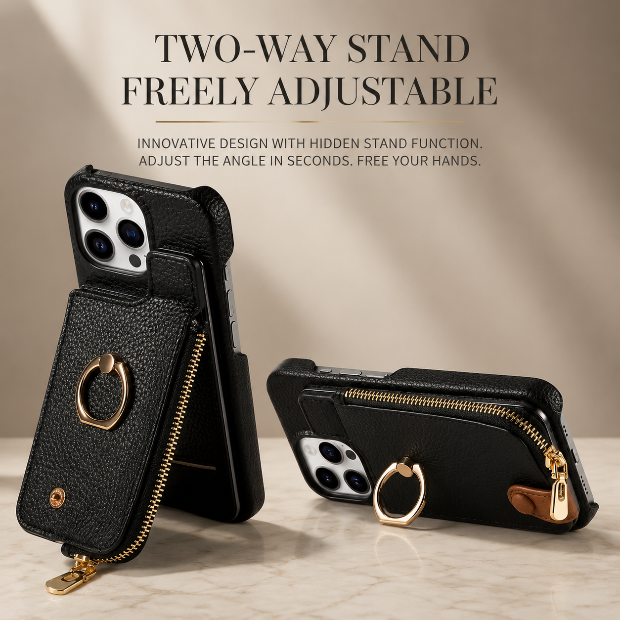 Premium iPhone Case Wallet Cover Card Holder Shockproof Protective Cover Ring Kickstand Magnetic Closure Zipper Storage Design
