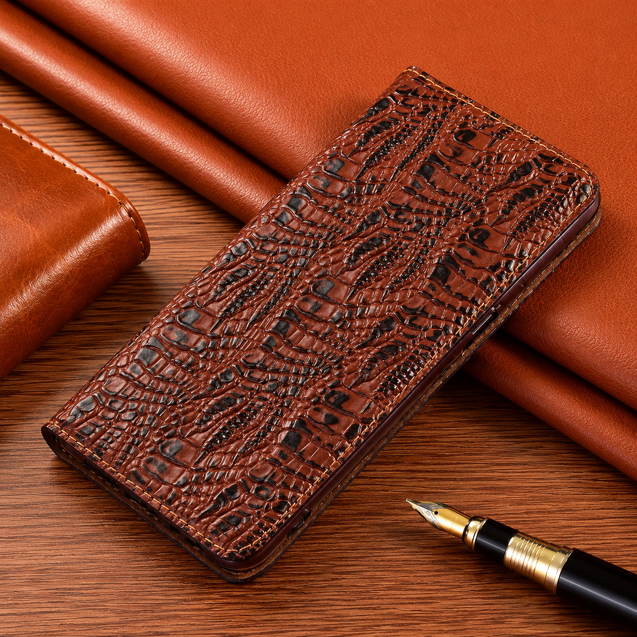 Premium iPhone Case Wallet Cover Genuine Leather Card Holder Flip Protective Cover Non Slip Full Coverage Crocodile Texture Design