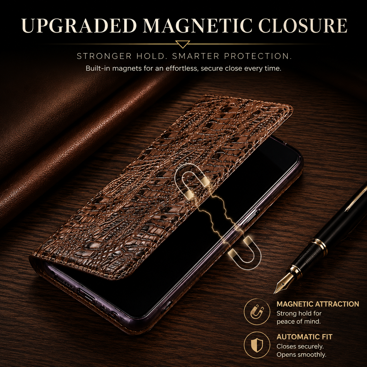 Premium iPhone Case Wallet Cover Genuine Leather Card Holder Flip Protective Cover Non Slip Full Coverage Crocodile Texture Design