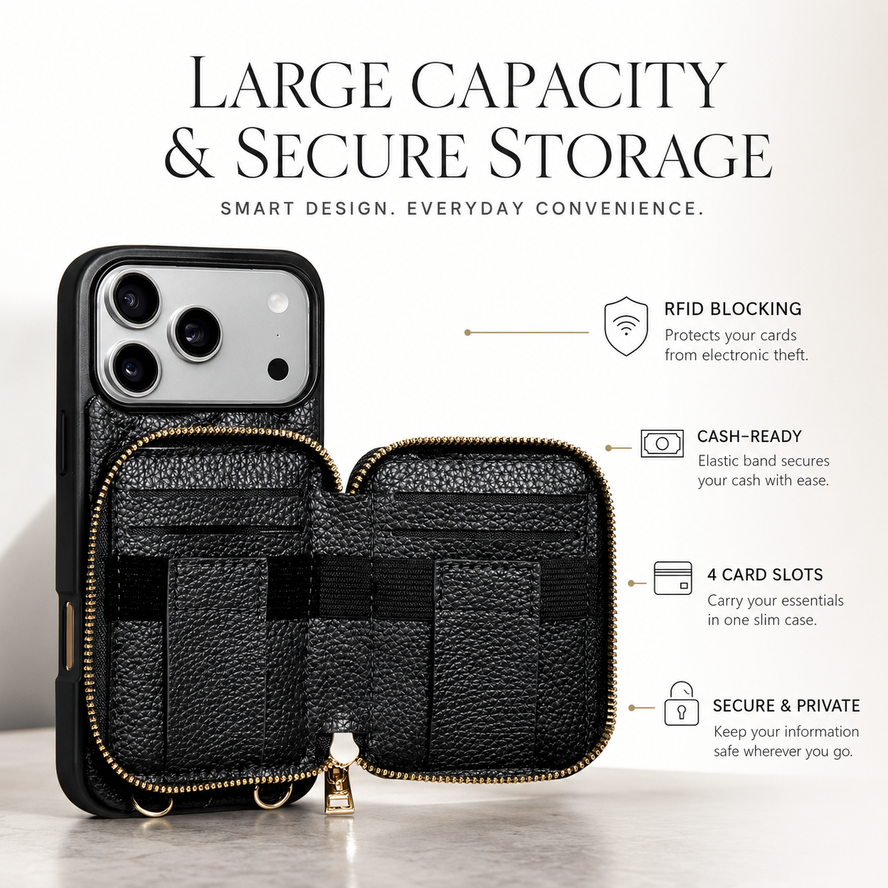 Premium iPhone Case Wallet Cover RFID Protection Card Holder Crossbody Strap Shockproof Protective Cover PU Leather Design