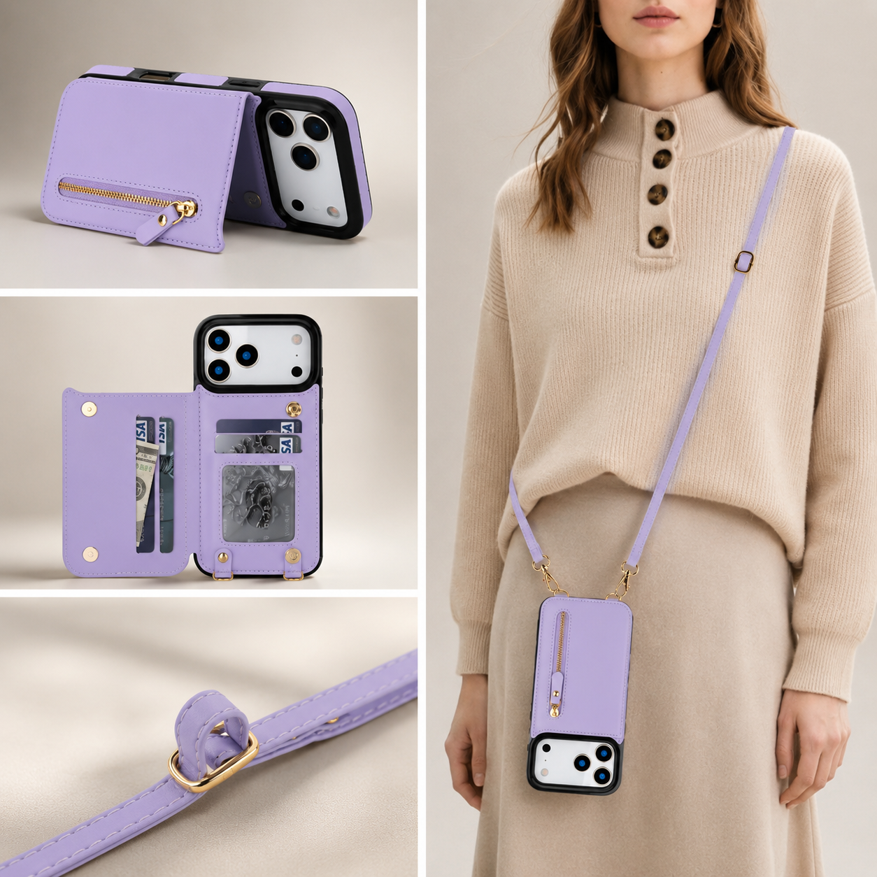 Premium iPhone Case Wallet Cover RFID Protection Card Holder Crossbody Strap Shockproof Protective Cover Zipper Storage Leather Design