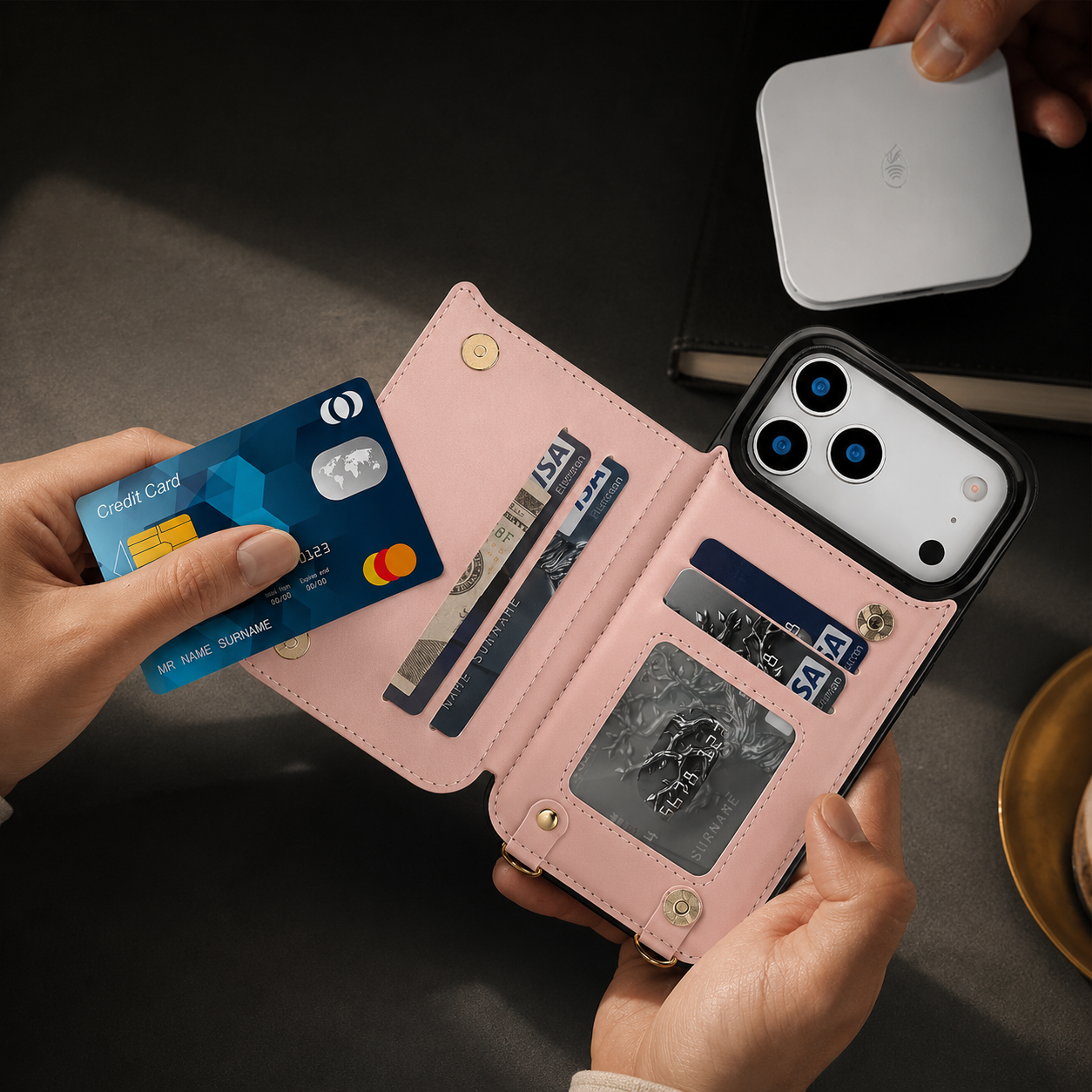 Premium iPhone Case Wallet Cover RFID Protection Card Holder Crossbody Strap Shockproof Protective Cover Zipper Storage Leather Design