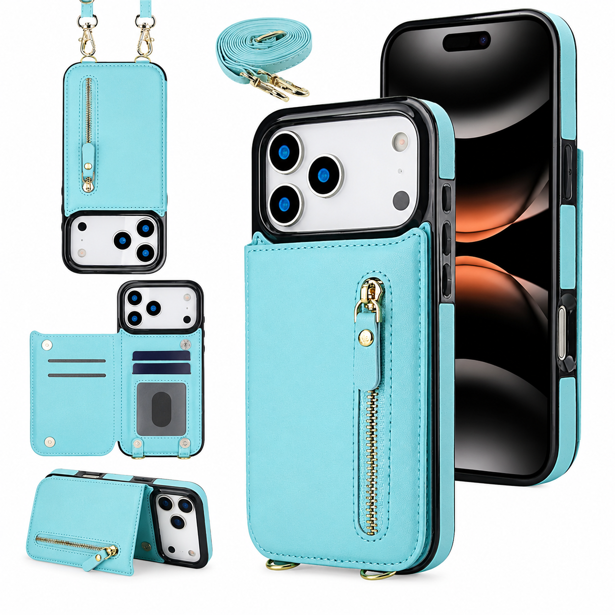 Premium iPhone Case Wallet Cover RFID Protection Card Holder Crossbody Strap Shockproof Protective Cover Zipper Storage Leather Design