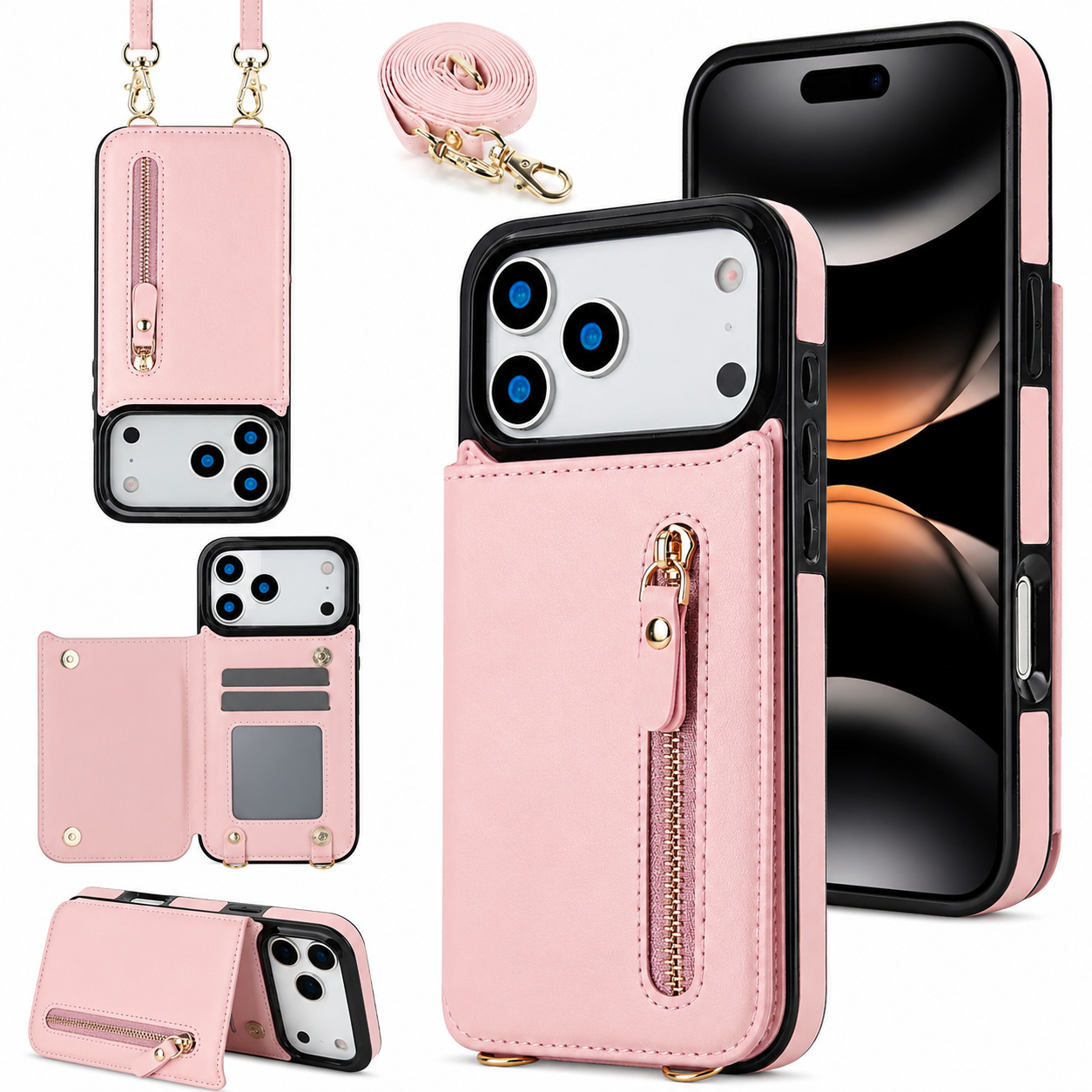 Premium iPhone Case Wallet Cover RFID Protection Card Holder Crossbody Strap Shockproof Protective Cover Zipper Storage Leather Design