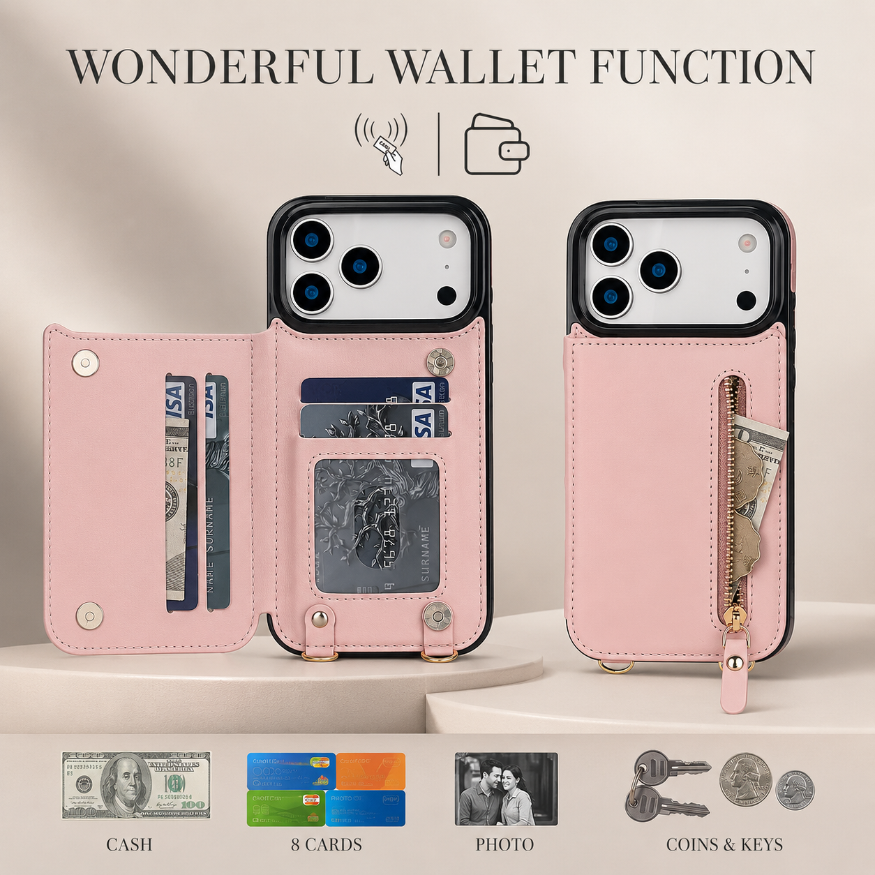 Premium iPhone Case Wallet Cover RFID Protection Card Holder Crossbody Strap Shockproof Protective Cover Zipper Storage Leather Design