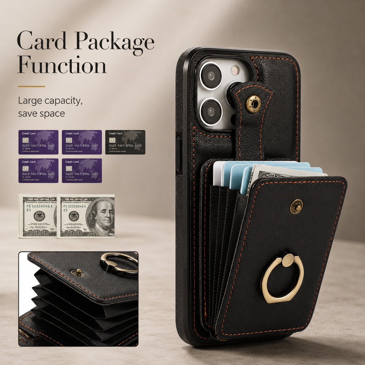 Premium iPhone Case Wallet Cover RFID Protection Card Holder Ring Kickstand Shockproof Protective Cover PU Leather Design