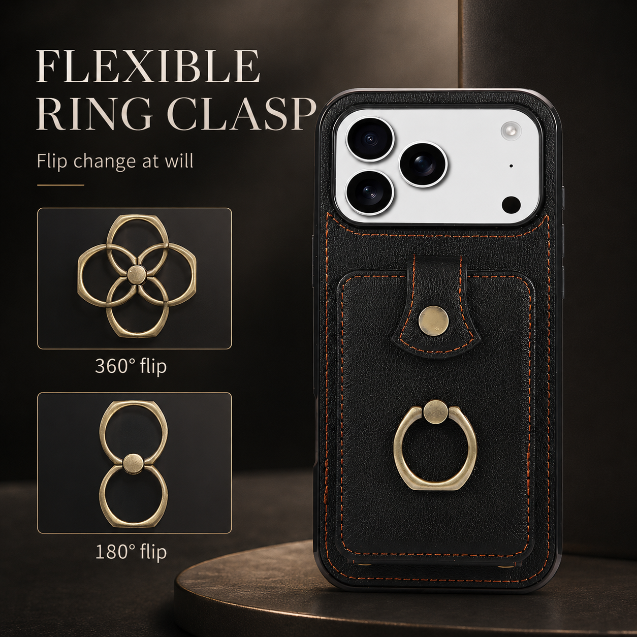 Premium iPhone Case Wallet Cover RFID Protection Card Holder Ring Kickstand Shockproof Protective Cover PU Leather Design
