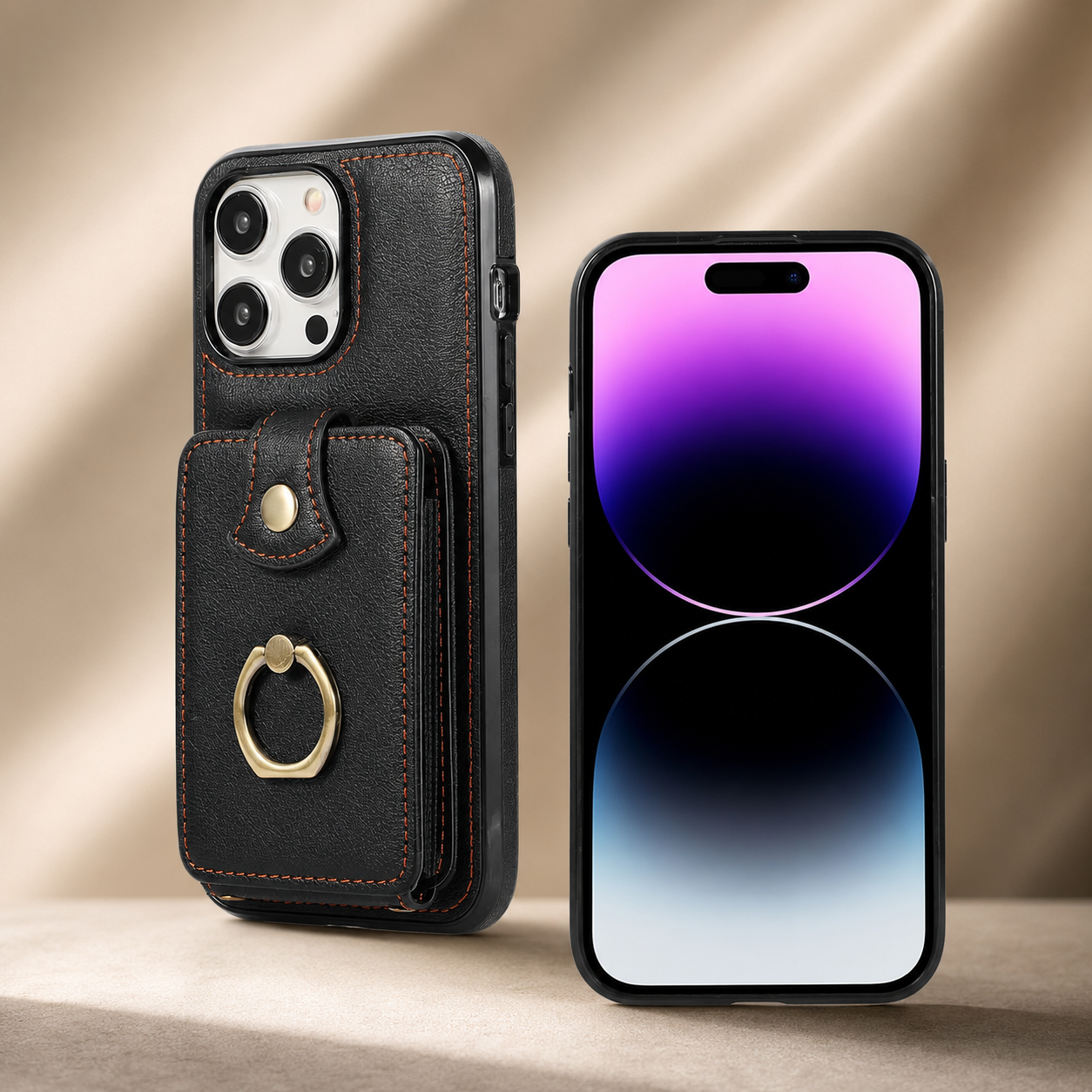 Premium iPhone Case Wallet Cover RFID Protection Card Holder Ring Kickstand Shockproof Protective Cover PU Leather Design