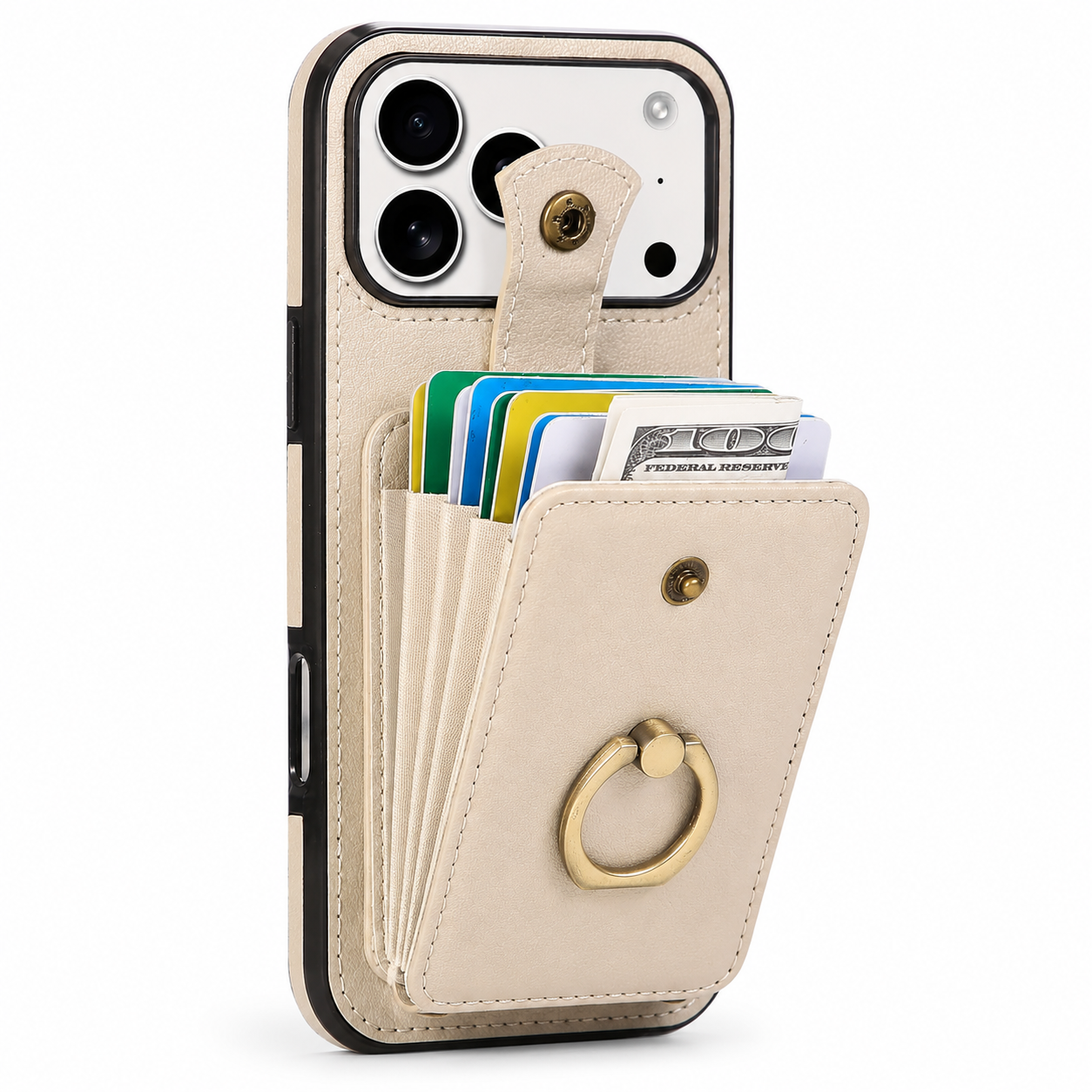 Premium iPhone Case Wallet Cover RFID Protection Card Holder Ring Kickstand Shockproof Protective Cover PU Leather Design