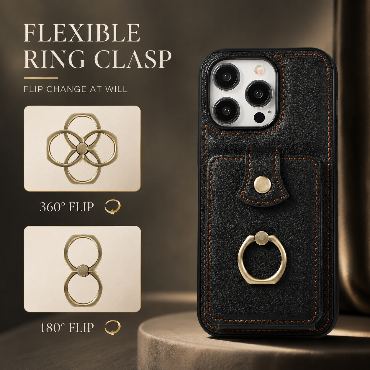 Premium iPhone Case Wallet Cover RFID Protection Card Holder Ring Kickstand Shockproof Protective Cover PU Leather Design