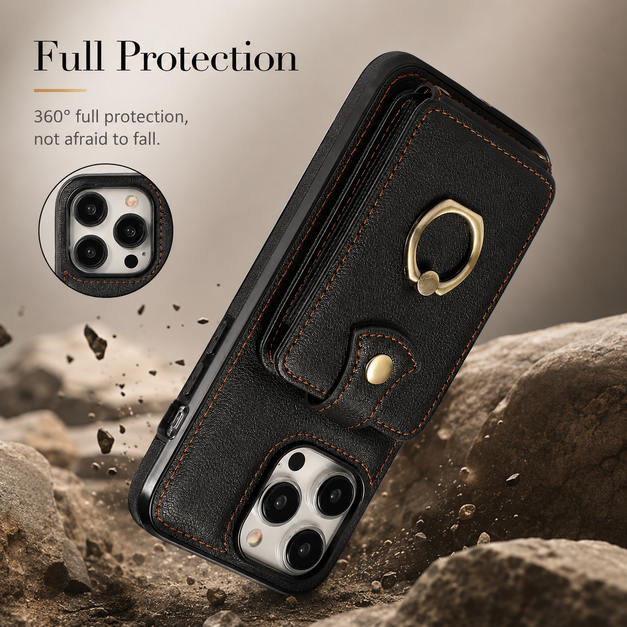 Premium iPhone Case Wallet Cover RFID Protection Card Holder Ring Kickstand Shockproof Protective Cover PU Leather Design