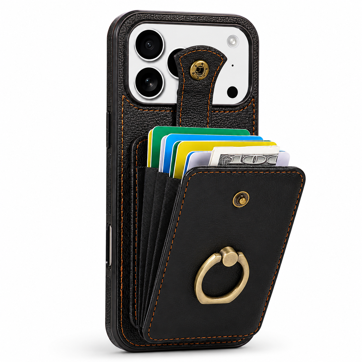 Premium iPhone Case Wallet Cover RFID Protection Card Holder Ring Kickstand Shockproof Protective Cover PU Leather Design