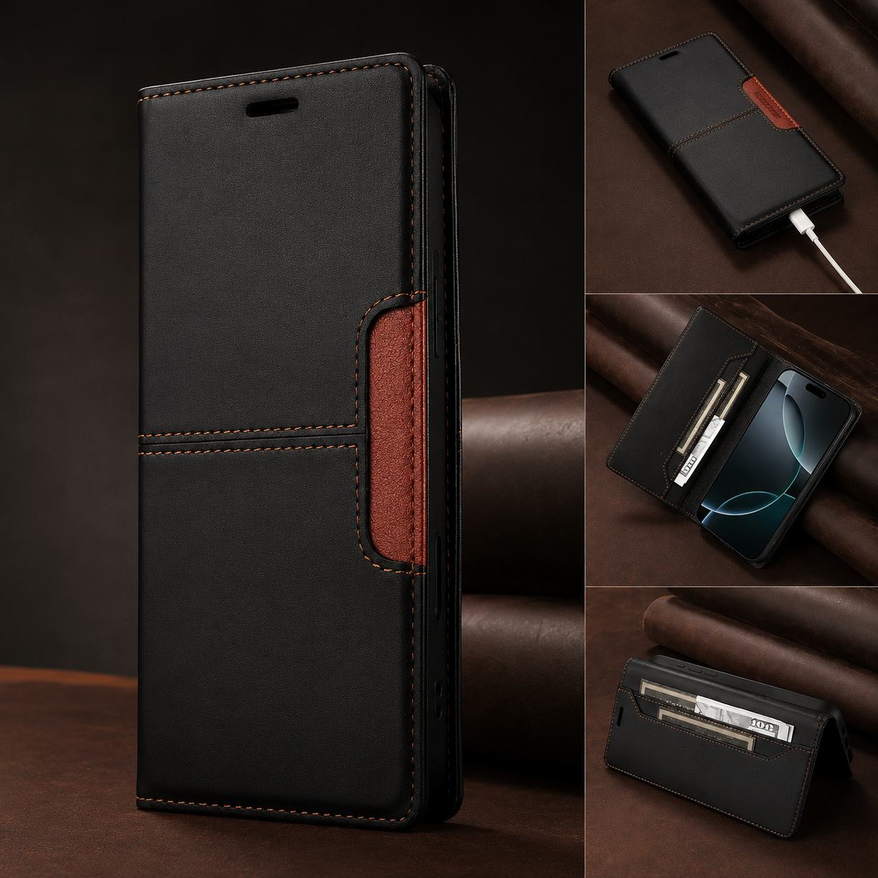 Premium iPhone Case Wallet Cover RFID Protection Card Holder Shockproof Protective Cover Magnetic Closure Anti Fingerprint Leather Design