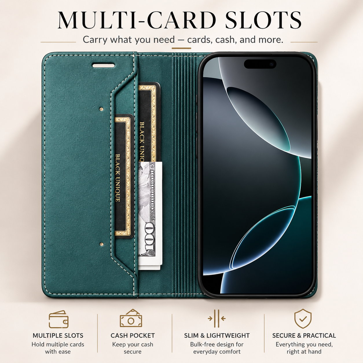 Premium iPhone Case Wallet Cover RFID Protection Card Holder Shockproof Protective Cover Magnetic Closure Anti Fingerprint Leather Design