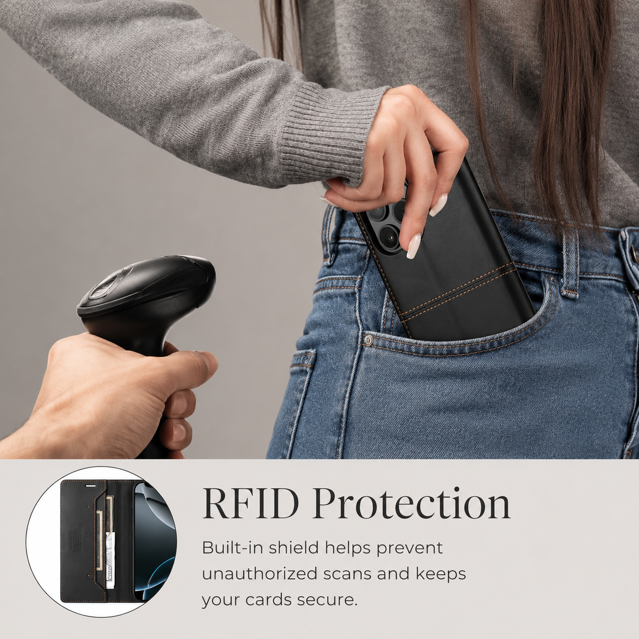 Premium iPhone Case Wallet Cover RFID Protection Card Holder Shockproof Protective Cover Magnetic Closure Anti Fingerprint Leather Design