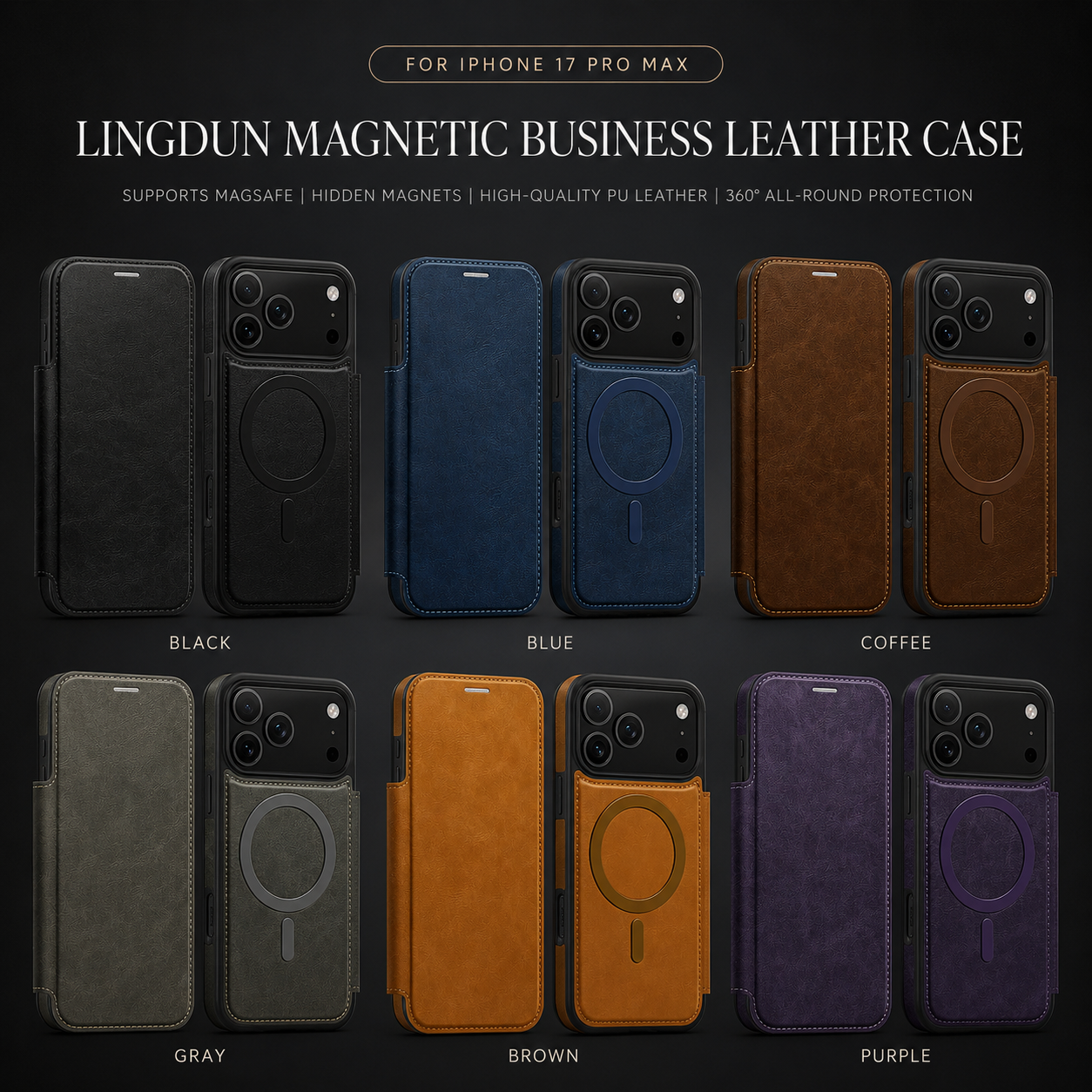 Premium iPhone Case Wallet Cover RFID Protection Card Holder Shockproof Protective Cover Magnetic Closure Wireless Charging Compatible Design