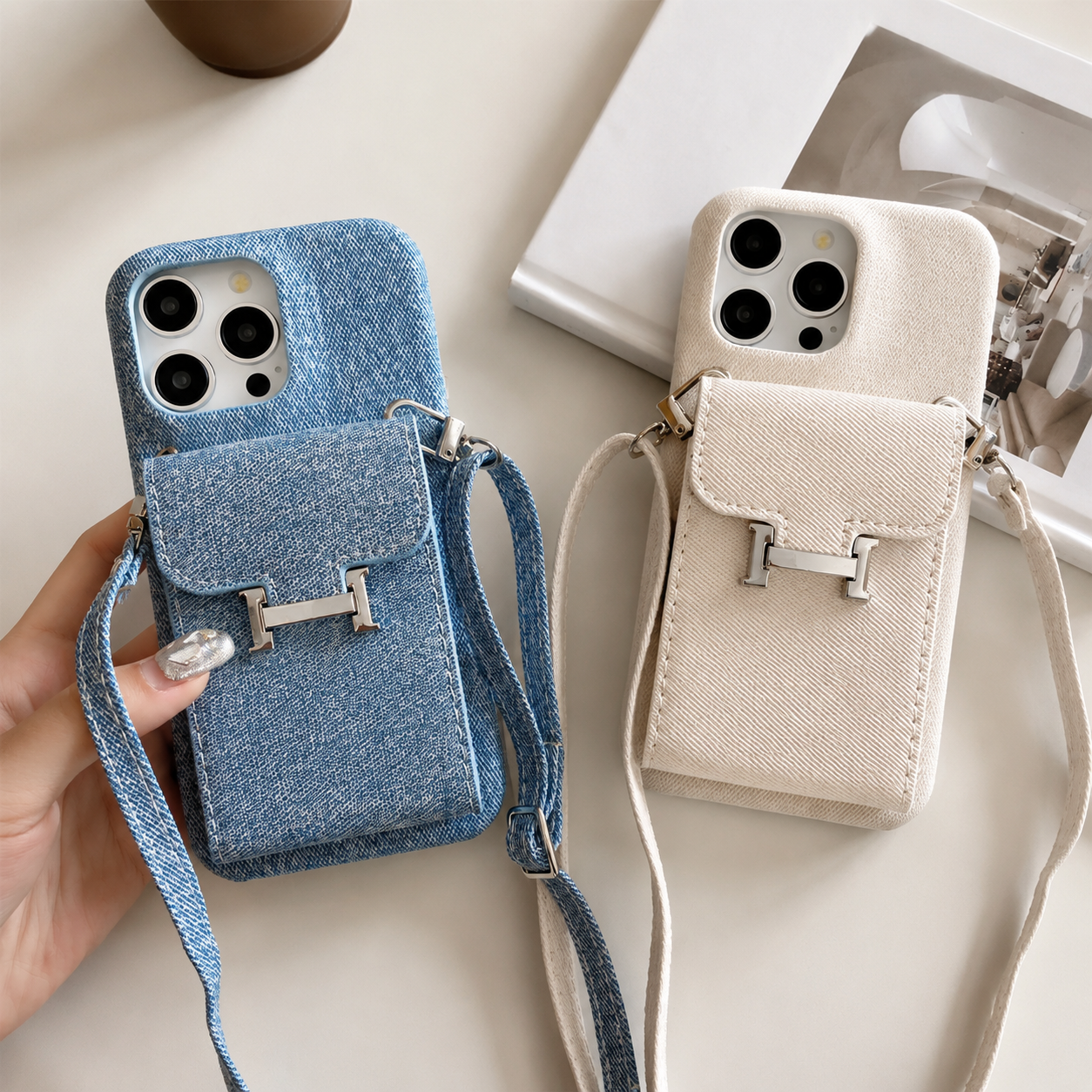 Premium iPhone Case Wallet Crossbody Flip Cover PU Leather Card Pocket Shoulder Strap Magnetic Closure Shockproof RFID Blocking Full Coverage