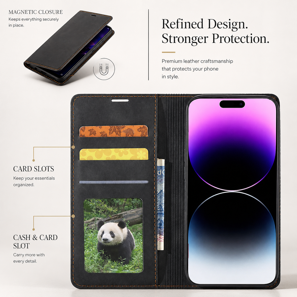 Premium iPhone Case Wallet Flip Cover Card Holder Magnetic Closure Camera Lens Protection Shockproof Full Body Suede Leather Slim Design