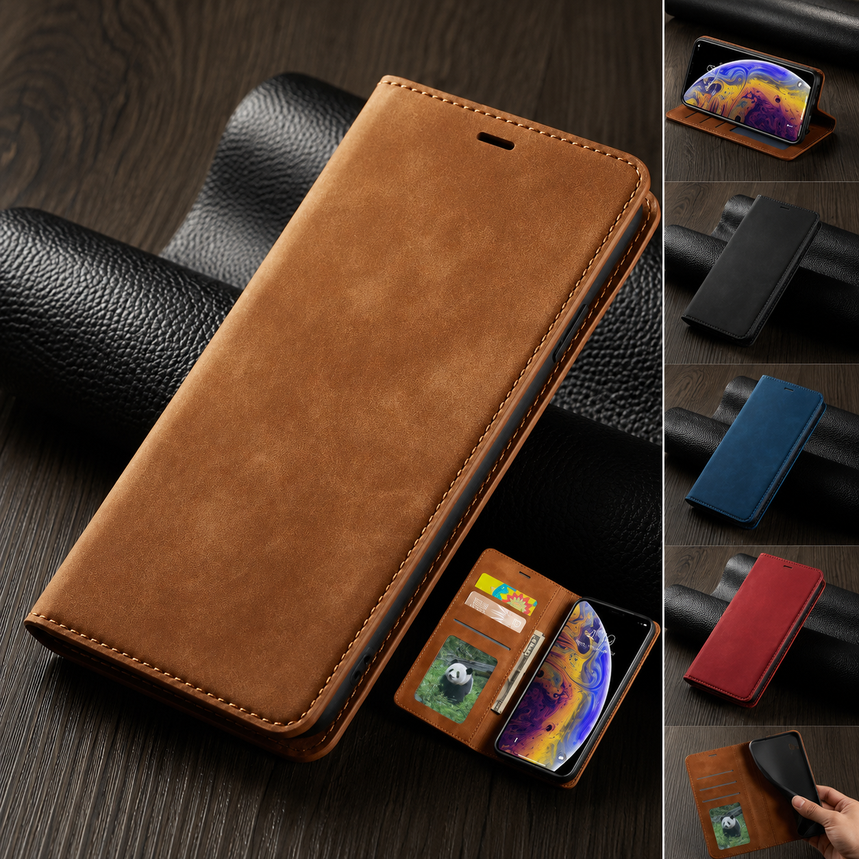 Premium iPhone Case Wallet Flip Cover Card Holder Magnetic Closure Camera Lens Protection Shockproof Full Body Suede Leather Slim Design