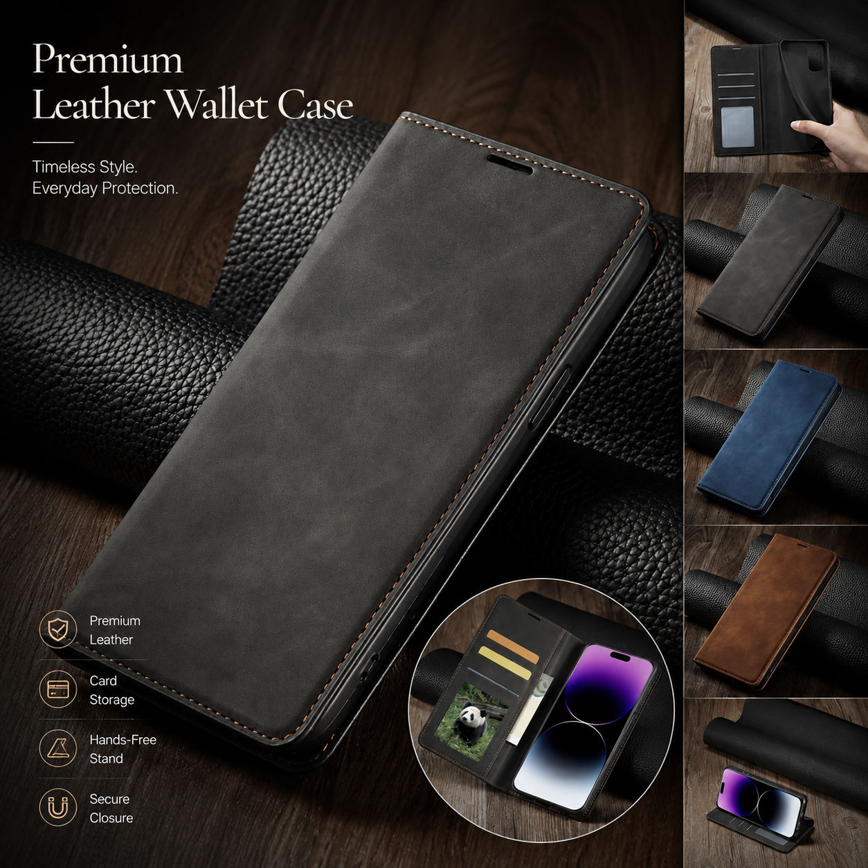 Premium iPhone Case Wallet Flip Cover Card Holder Magnetic Closure Camera Lens Protection Shockproof Full Body Suede Leather Slim Design