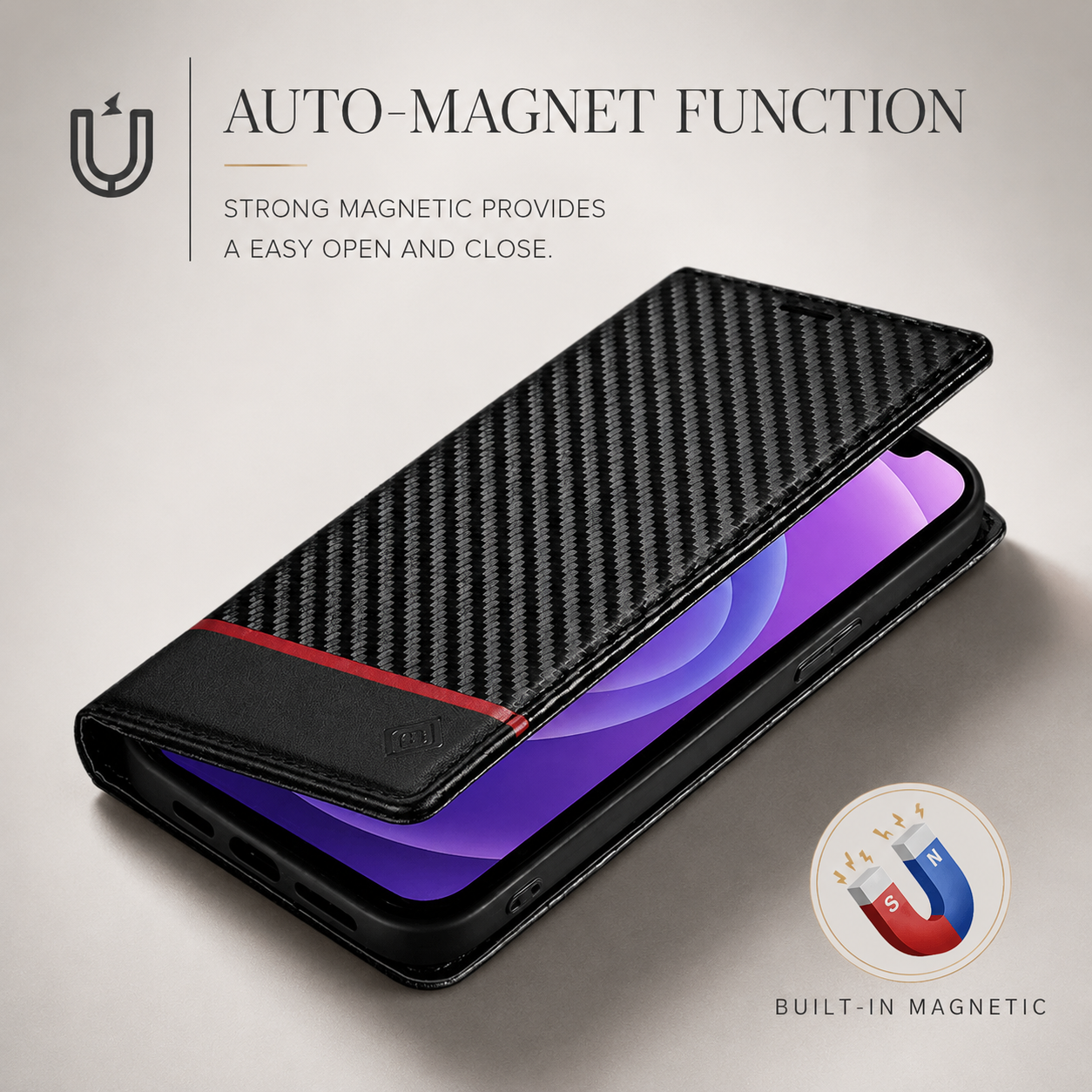 Premium iPhone Case Wallet MagSafe Compatible Carbon Fiber Leather Flip Cover Card Holder Stand Function Camera Lens Protection Shockproof Slim Design
