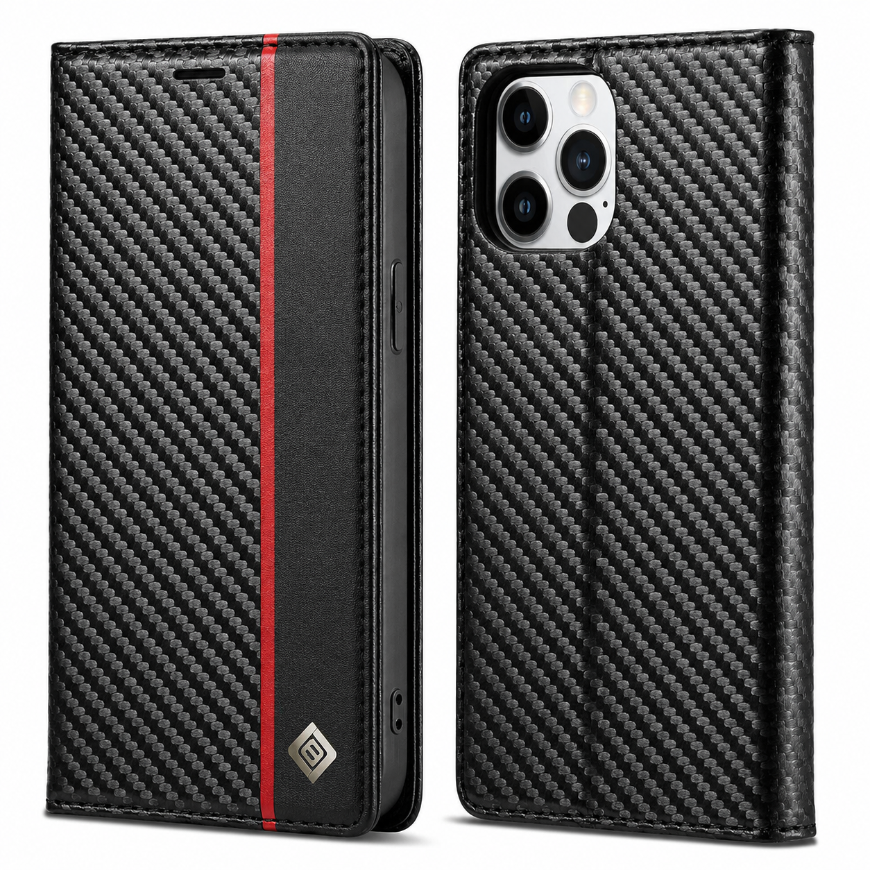 Premium iPhone Case Wallet MagSafe Compatible Carbon Fiber Leather Flip Cover Card Holder Stand Function Camera Lens Protection Shockproof Slim Design