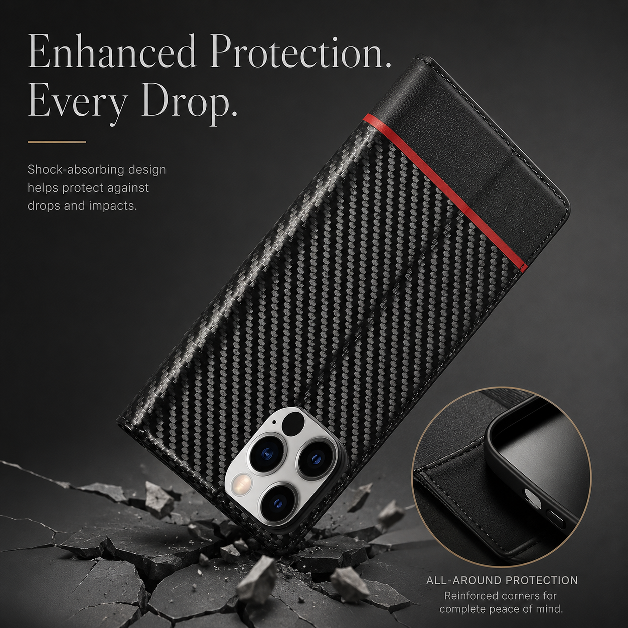 Premium iPhone Case Wallet MagSafe Compatible Carbon Fiber Leather Flip Cover Card Holder Stand Function Camera Lens Protection Shockproof Slim Design
