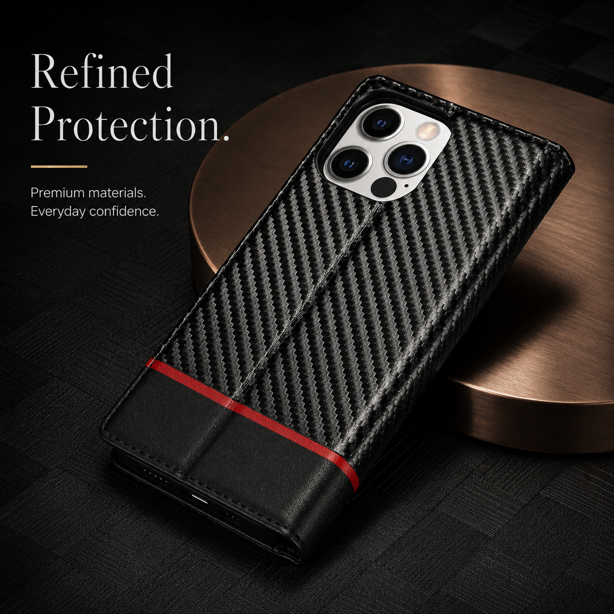 Premium iPhone Case Wallet MagSafe Compatible Carbon Fiber Leather Flip Cover Card Holder Stand Function Camera Lens Protection Shockproof Slim Design