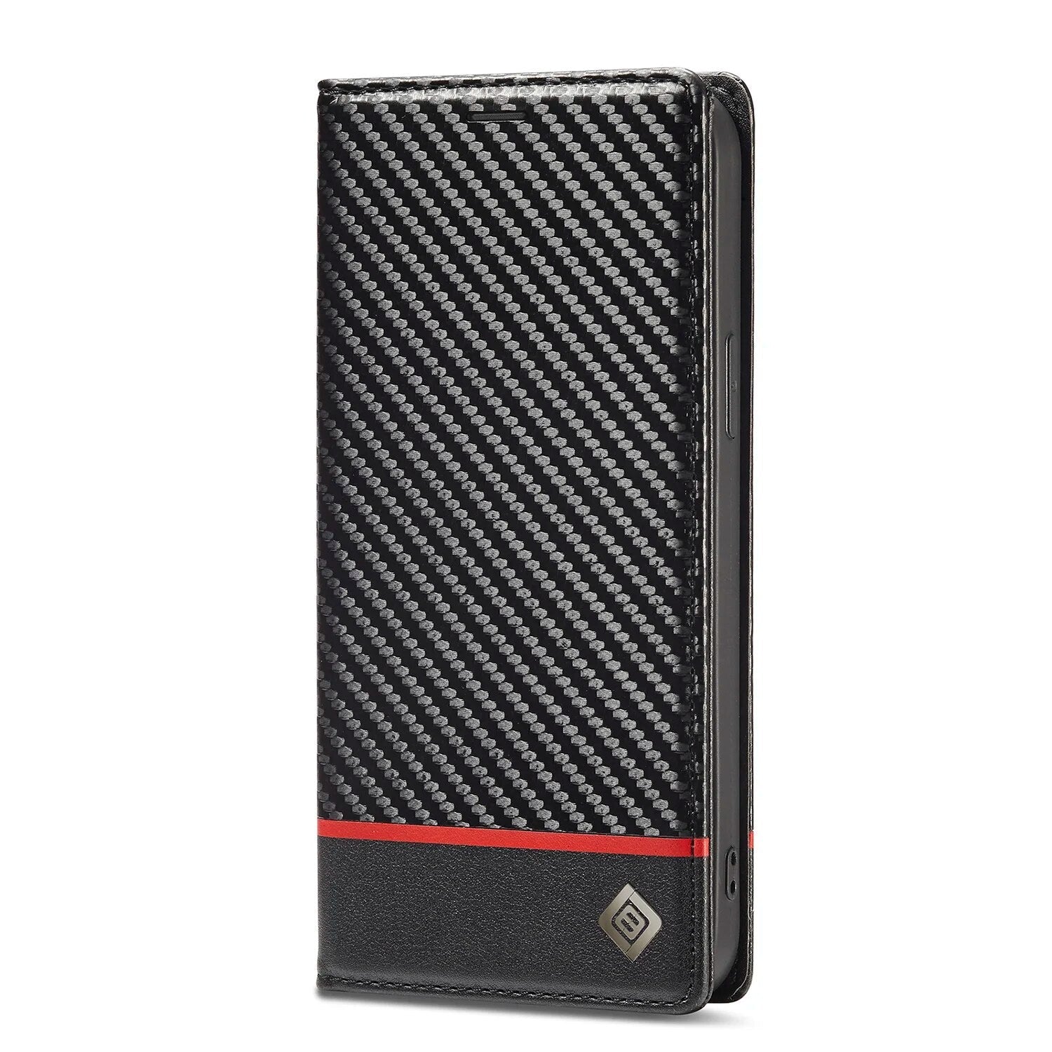 Premium iPhone Case Wallet MagSafe Compatible Carbon Fiber Leather Flip Cover Card Holder Stand Function Camera Lens Protection Shockproof Slim Design