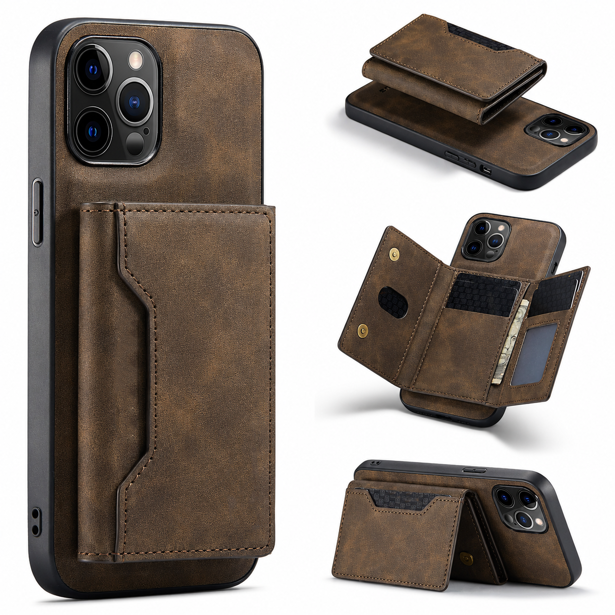 Premium iPhone Case Wallet MagSafe Compatible Detachable Leather Card Holder Magnetic Flip Stand Shockproof Protective Cover Camera Lens Protection Slim Design