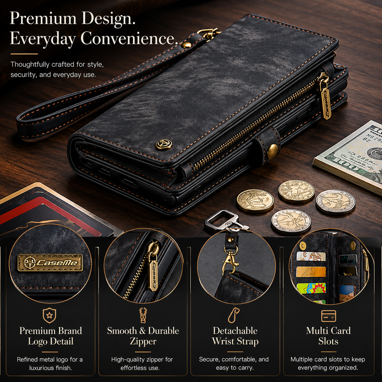 Premium iPhone Case Wallet MagSafe Compatible Detachable Leather Flip Stand Protective Cover Card Holder Camera Lens Protection Shockproof Slim Design