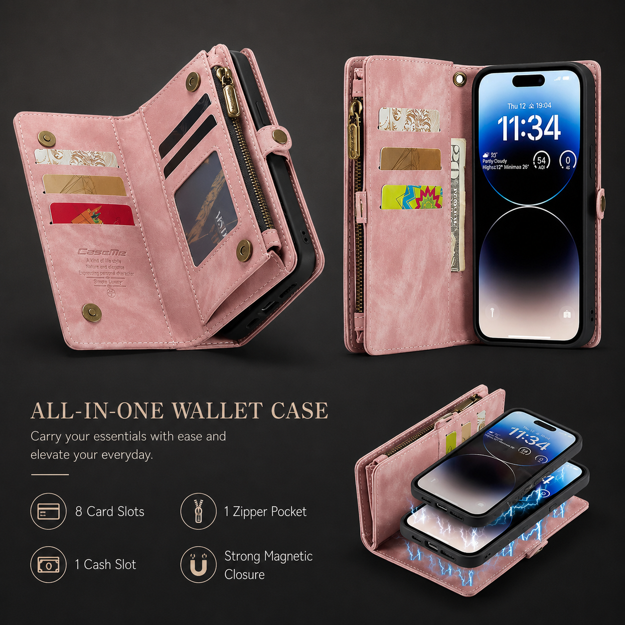 Premium iPhone Case Wallet MagSafe Compatible Detachable Leather Flip Stand Protective Cover Card Holder Camera Lens Protection Shockproof Slim Design