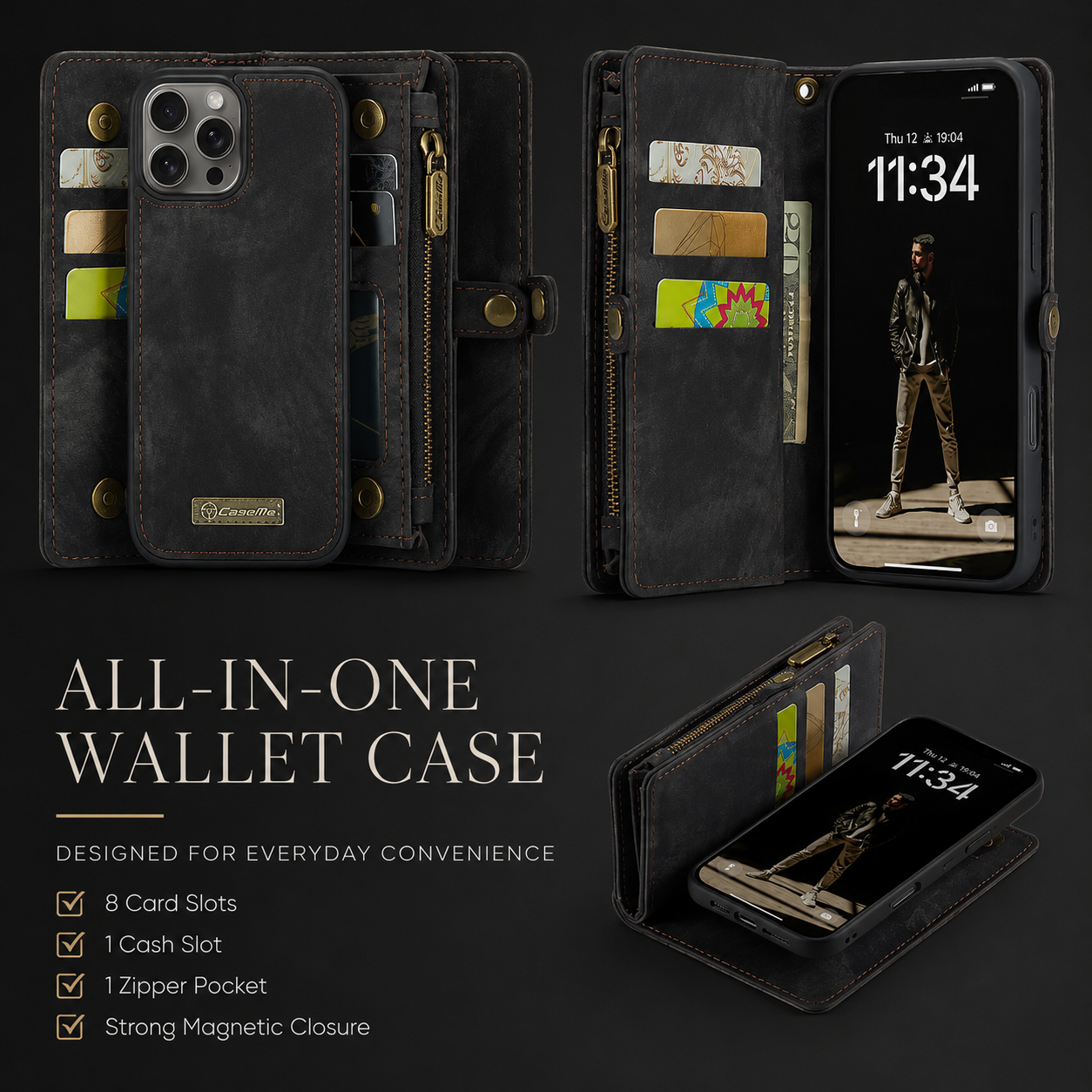 Premium iPhone Case Wallet MagSafe Compatible Detachable Leather Flip Stand Protective Cover Card Holder Camera Lens Protection Shockproof Slim Design